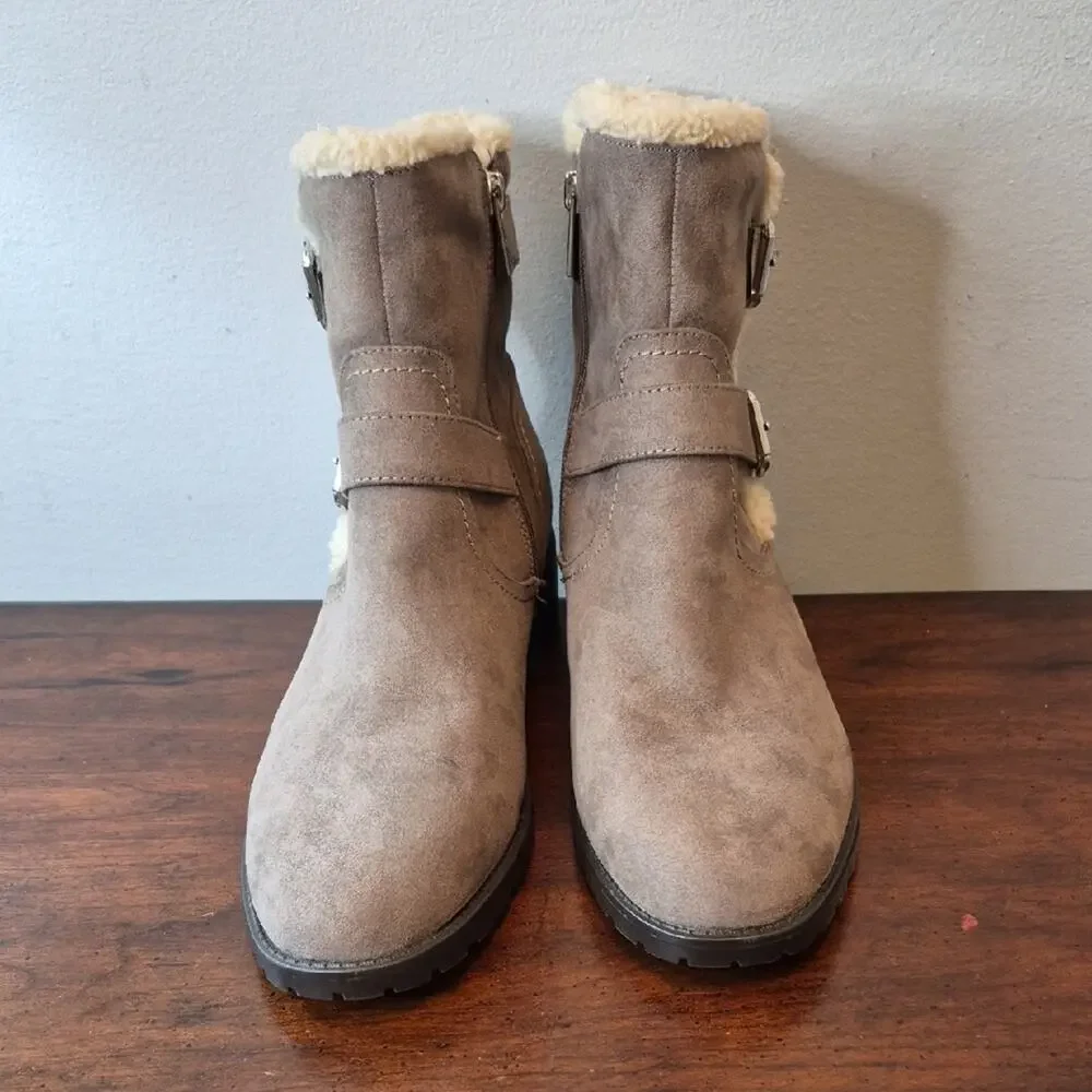 Unisa Taupe Suede Shearling-Lined Buckle Ankle Boots Size 9.5M